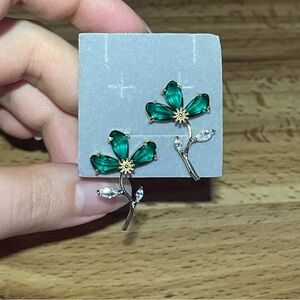 Green Flower Stem Women Earrings  14K Gold Plated